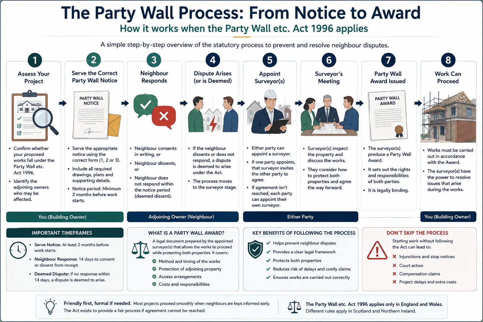 Do I Need a Party Wall Agreement? An infographic showing the party wall process from notice to award in a very interactive way for the citizens living in Wolverhampton, UK