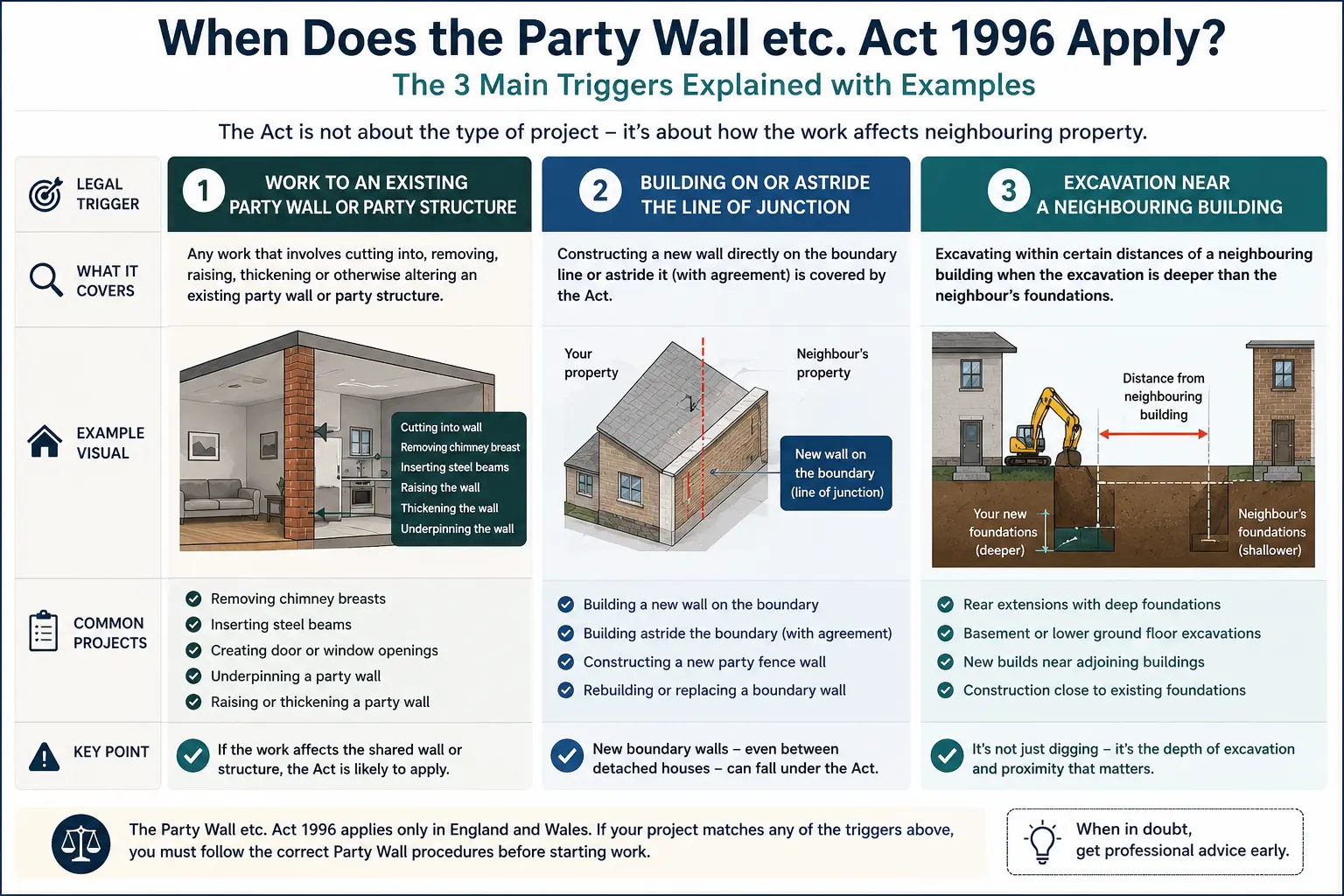 Do I Need a Party Wall Agreement? An infographic showing when does the party wall etc act 1996 apply like excavation, junction, painting, in Wolverhampton, UK